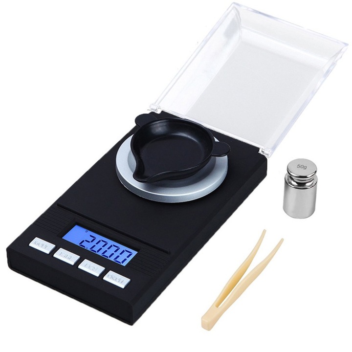 Cantar electronic de precizie QttvbTna, 50g 0.001g, afisaj LCD, portabil