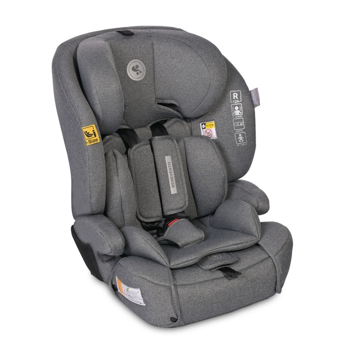 Scaun auto pentru copii, Lorelli, Benevento, Isofix, i-Size, 15 luni-12 ani, 76-150 cm, certificat R129, tetiera reglabila, protectie in caz de impact, Grey