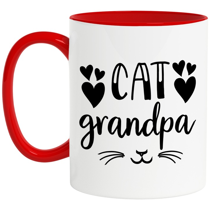 Cana cu inimioare si botic de pisicuta cu mesajul in engleza "Cat grandpa" - bunic crescator de pisici cu Maner Rosu