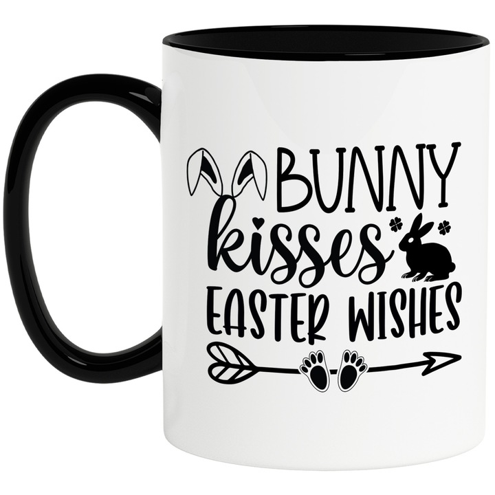 Cana cu iepuras si cu textul in engleza "Bunny kisses, Easter wishes" - dorinte de Paste cu Maner Negru