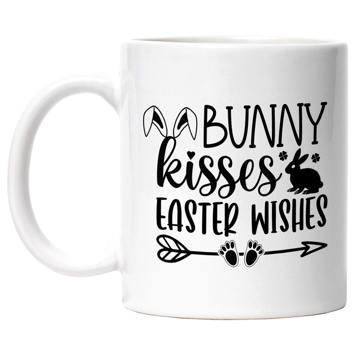 Cana cu iepuras si cu textul in engleza "Bunny kisses, Easter wishes" - dorinte de Paste cu Maner Alb