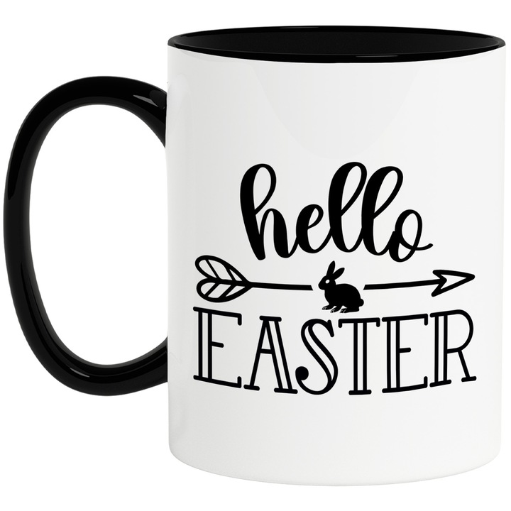 Cana cu iepuras si cu textul "Hello, Easter" - Paste sarbatoare cu Maner Negru