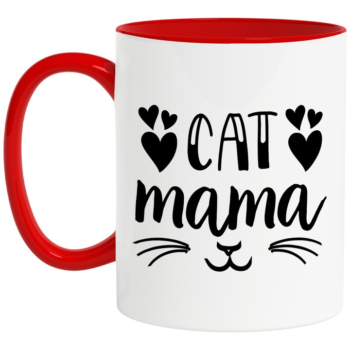 Cana pentru mamicile iubitoare de pisici cu textul in engleza "Cat mama" cu Maner Rosu
