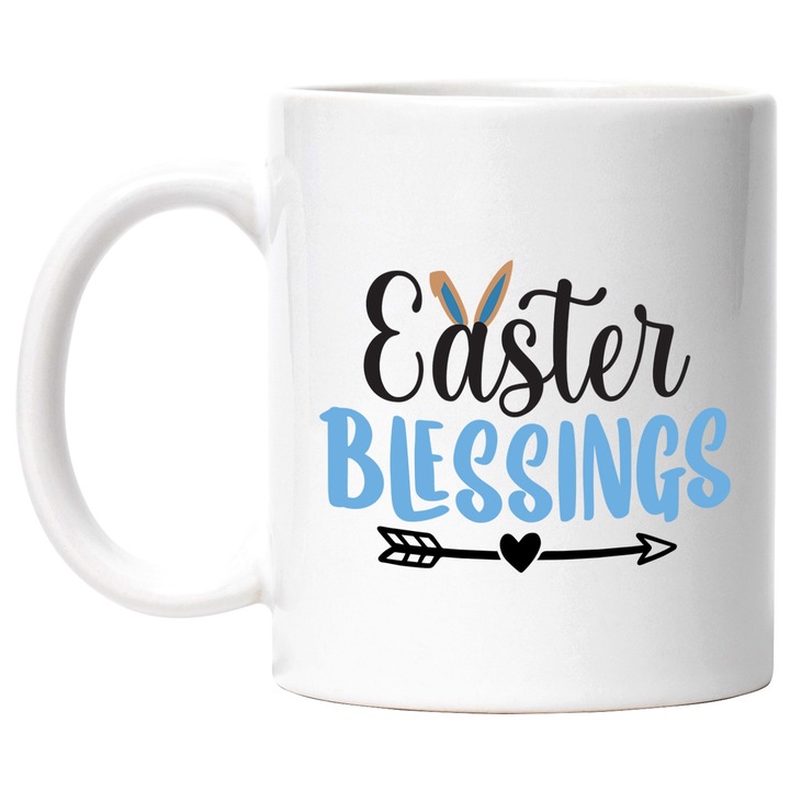 Cana cu urechi de iepuras si inima cu mesajul "Easter blessings" - binecuvantari de Paste cu Maner Alb