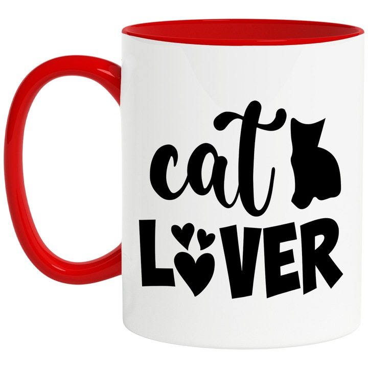 Cana cu o figura de pisica si mesajul "Cat lover" - iubitor de pisici cu Maner Rosu