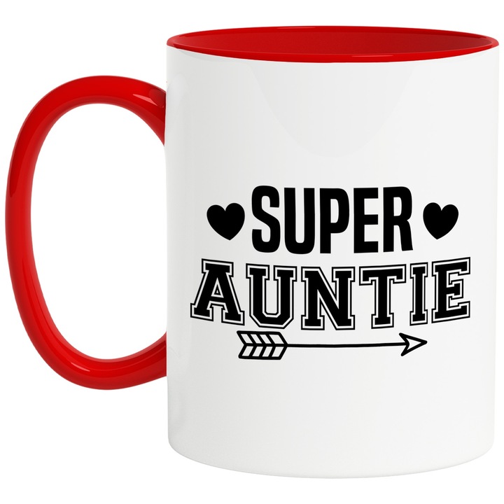 Cana pentru o matusica foarte iubita si apreciata cu mesajul "Super auntie" - inimioare cu Maner Rosu