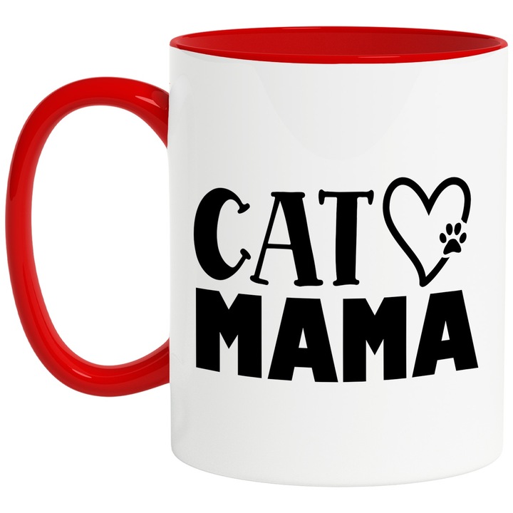Cana cu labuta si inimioara pentru mamele iubitoare de pisici cu mesajul "Cat mama" cu Maner Rosu