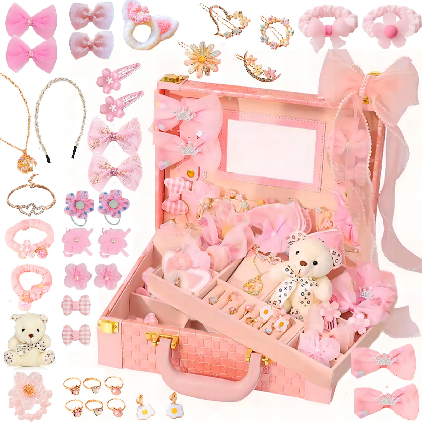 Set accesorii par fetite XIUWOO, cutie bijuterii dublu strat, 45