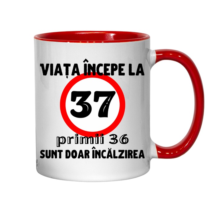 Cana personalizata - Viata incepe la 37 de ani, rosu interior, 330 ml