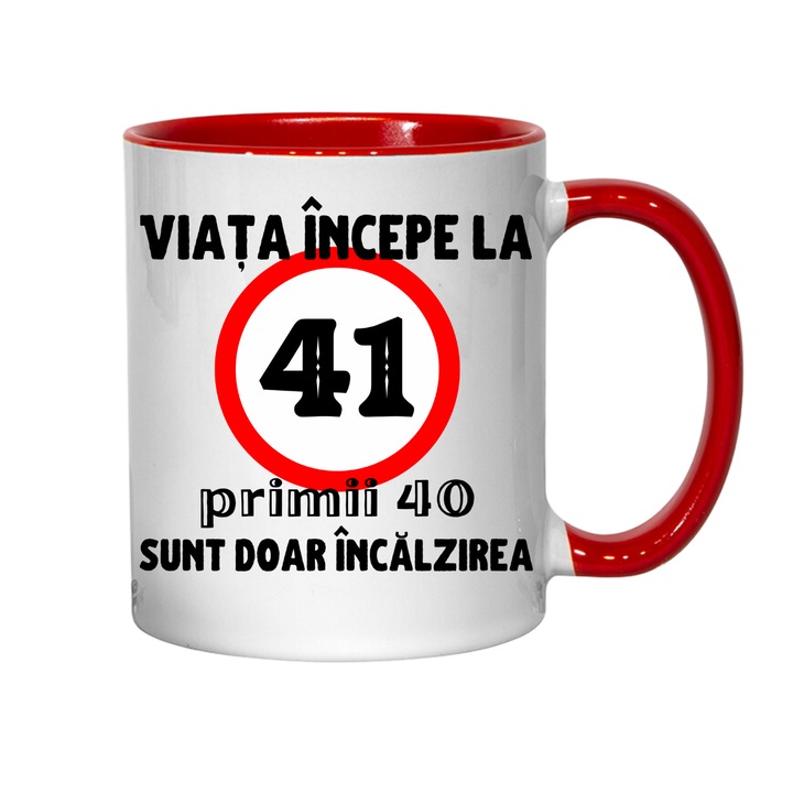 Cana personalizata - Viata incepe la 41 de ani, rosu interior, 330 ml