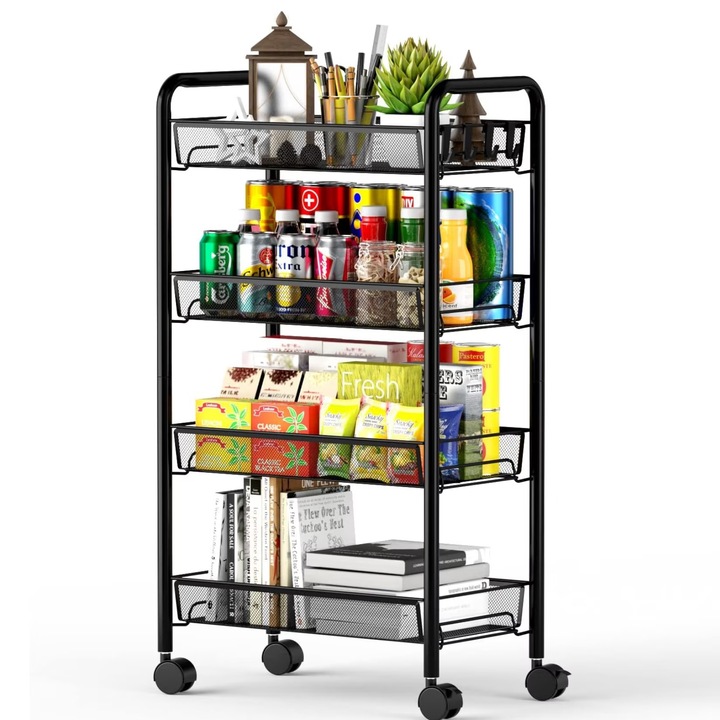Etajera mobila cu 4 Raft, Wacorresi, pentru depozitare, cu roti si rafturi detasabile, Metal,45x26x84cm, Negru