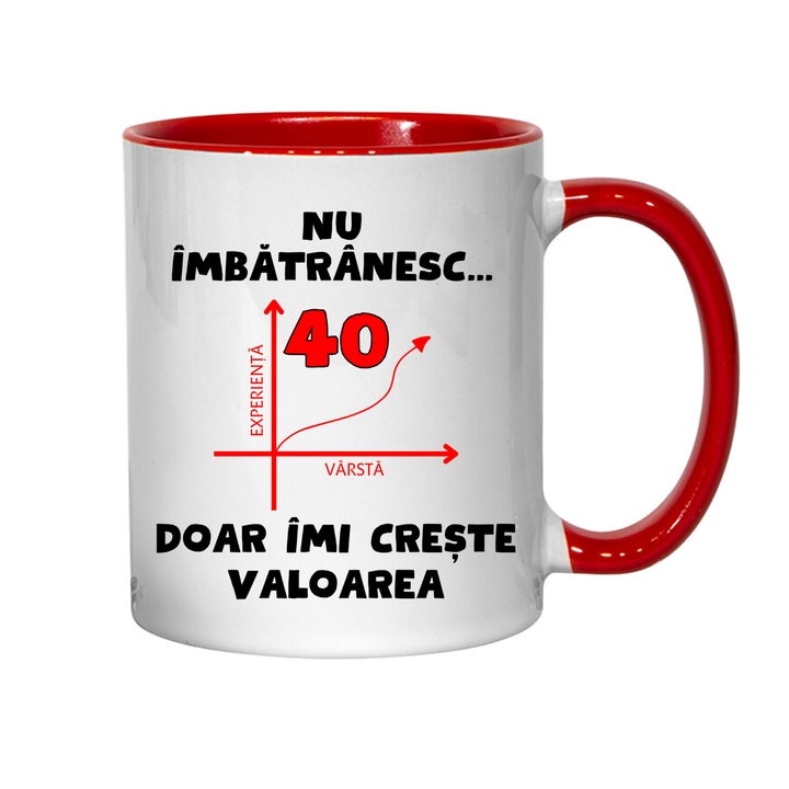 Cana personalizata - Nu imbatranesc, 40 de ani, doar imi creste valoarea, rosu interior, 330 ml