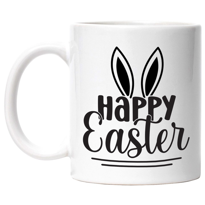 Cana cu niste urechi de iepure si urarea "Happy Easter" - Paste fericit! cu Maner Alb