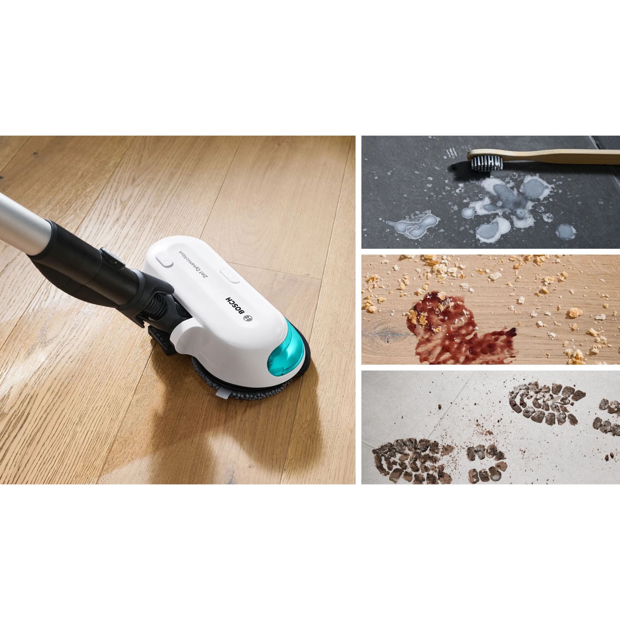 Aspirator vertical Bosch Unlimited 7 ProHygienic Aqua BCS71HYG2, baterie 3 Ah, 3 trepte de putere, Perie AllFloor DynamicPower cu LED-uri, 2 in1 DynamicAqua Mop: asipiri si stergi in acelasi timp, Automated Water Dosage, Alb