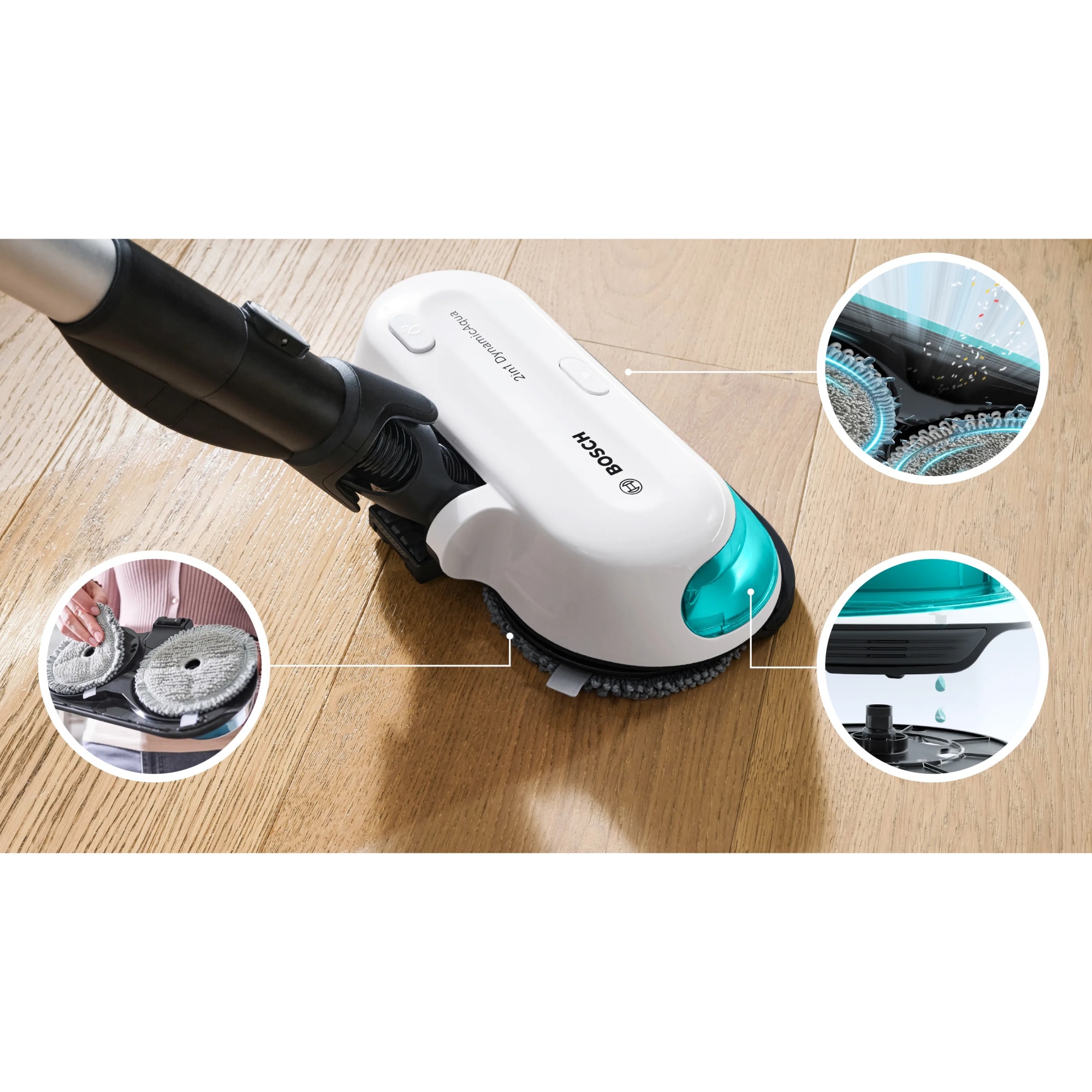 Aspirator vertical Bosch Unlimited 7 ProHygienic Aqua BCS71HYG2, baterie 3 Ah, 3 trepte de putere, Perie AllFloor DynamicPower cu LED-uri, 2 in1 DynamicAqua Mop: asipiri si stergi in acelasi timp, Automated Water Dosage, Alb