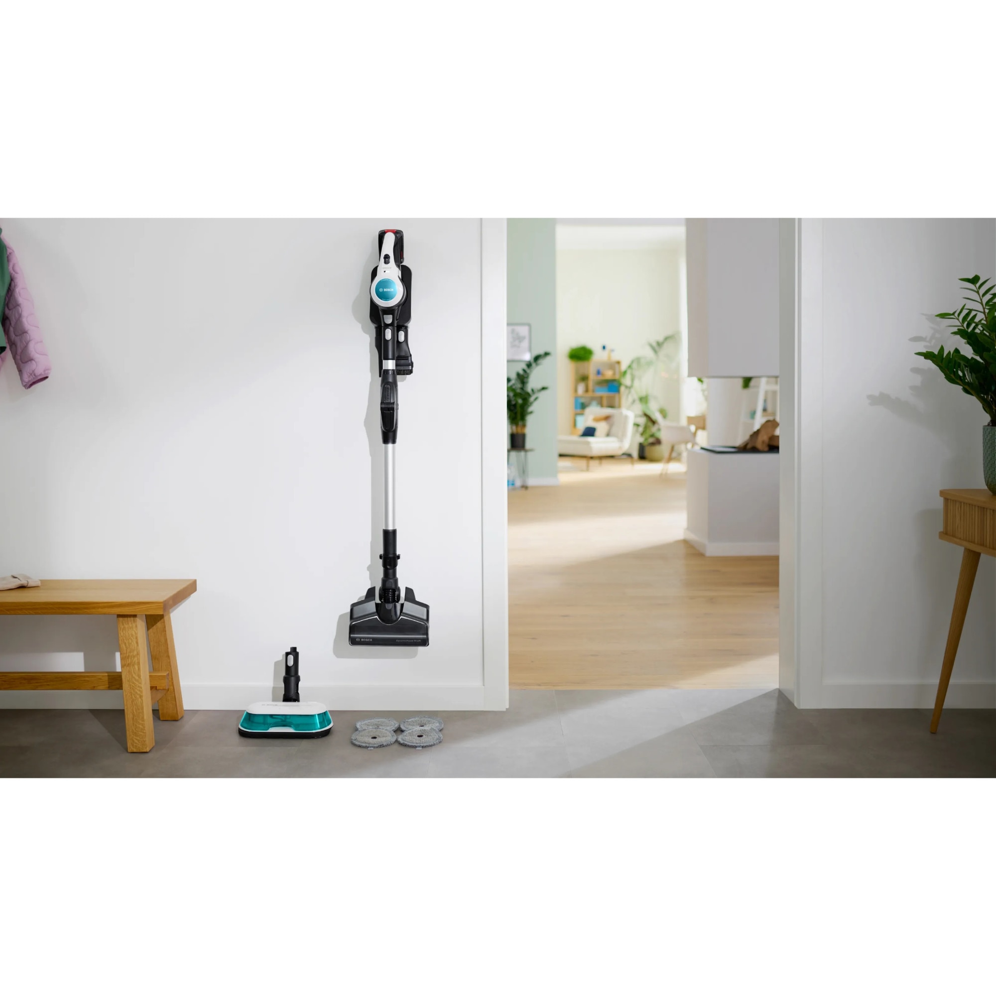 Aspirator vertical Bosch Unlimited 7 ProHygienic Aqua BCS71HYG2, baterie 3 Ah, 3 trepte de putere, Perie AllFloor DynamicPower cu LED-uri, 2 in1 DynamicAqua Mop: asipiri si stergi in acelasi timp, Automated Water Dosage, Alb