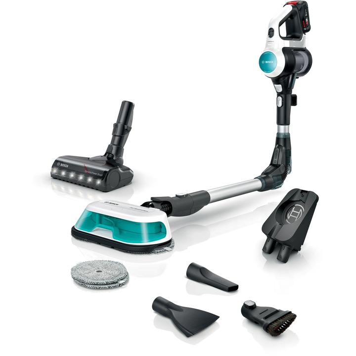 Вертикална прахосмукачка Bosch Unlimited 7 ProHygienic Aqua BCS71HYG2, 3 Ah батерия, 3 нива на мощност, AllFloor DynamicPower четка със светодиоди, 2 в 1 DynamicAqua Mop: прахосмукачка и избърсване едновременно, Автоматично дозиране на вода, Бял