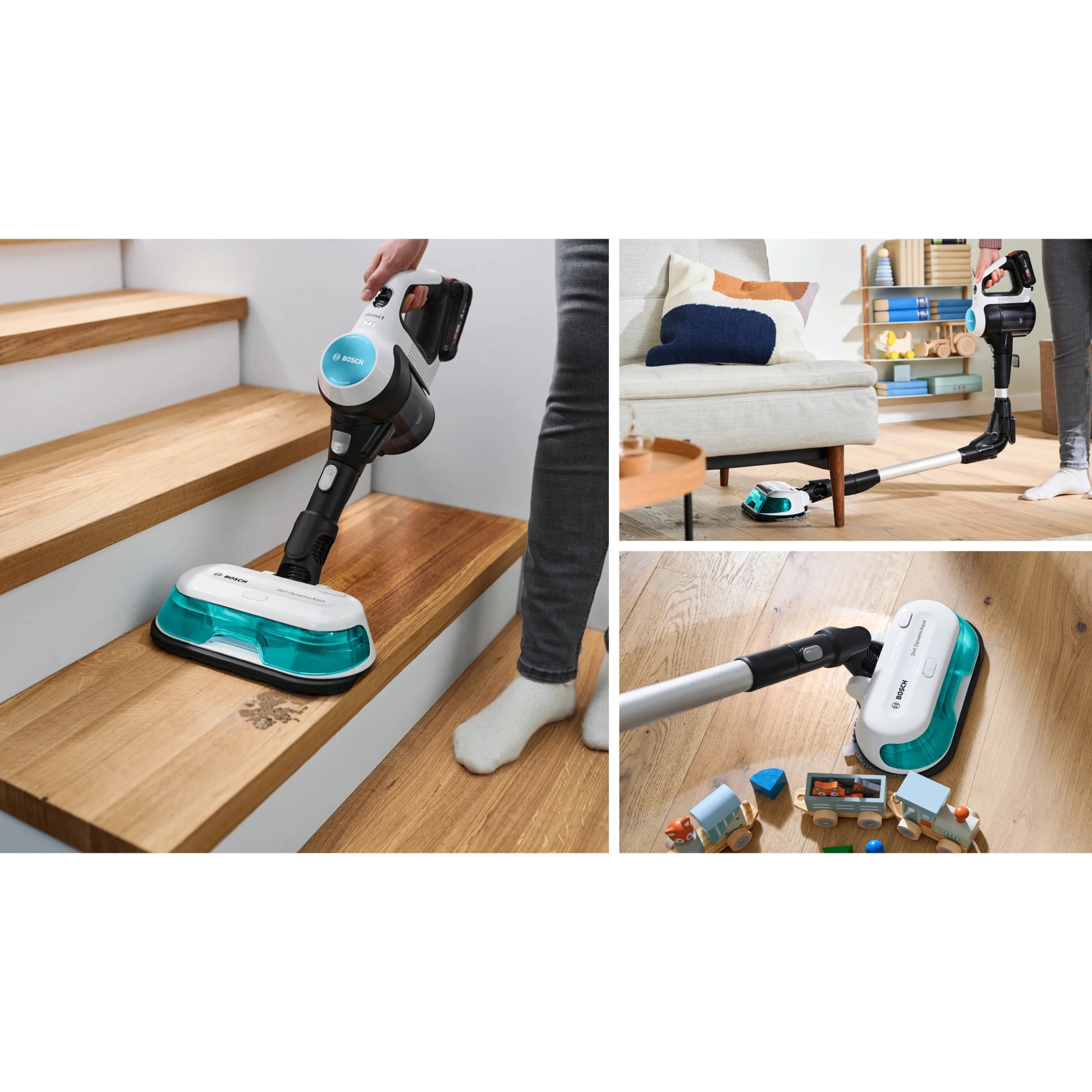 Aspirator vertical Bosch Unlimited 7 ProHygienic Aqua BCS71HYG2, baterie 3 Ah, 3 trepte de putere, Perie AllFloor DynamicPower cu LED-uri, 2 in1 DynamicAqua Mop: asipiri si stergi in acelasi timp, Automated Water Dosage, Alb
