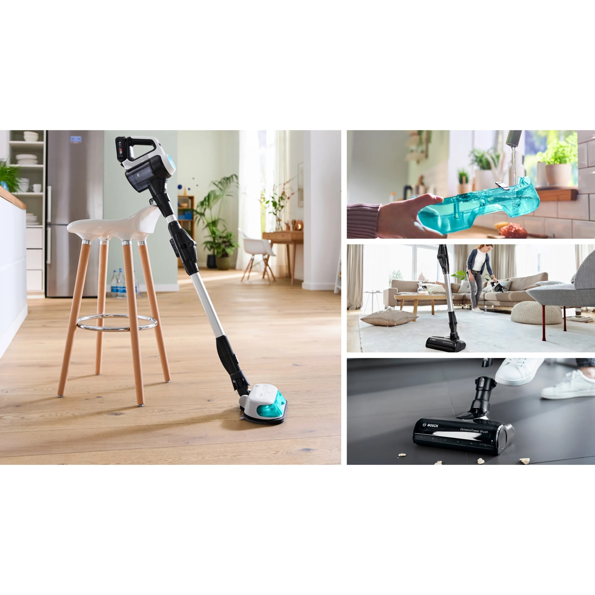 Aspirator vertical Bosch Unlimited 7 ProHygienic Aqua BCS71HYG2, baterie 3 Ah, 3 trepte de putere, Perie AllFloor DynamicPower cu LED-uri, 2 in1 DynamicAqua Mop: asipiri si stergi in acelasi timp, Automated Water Dosage, Alb