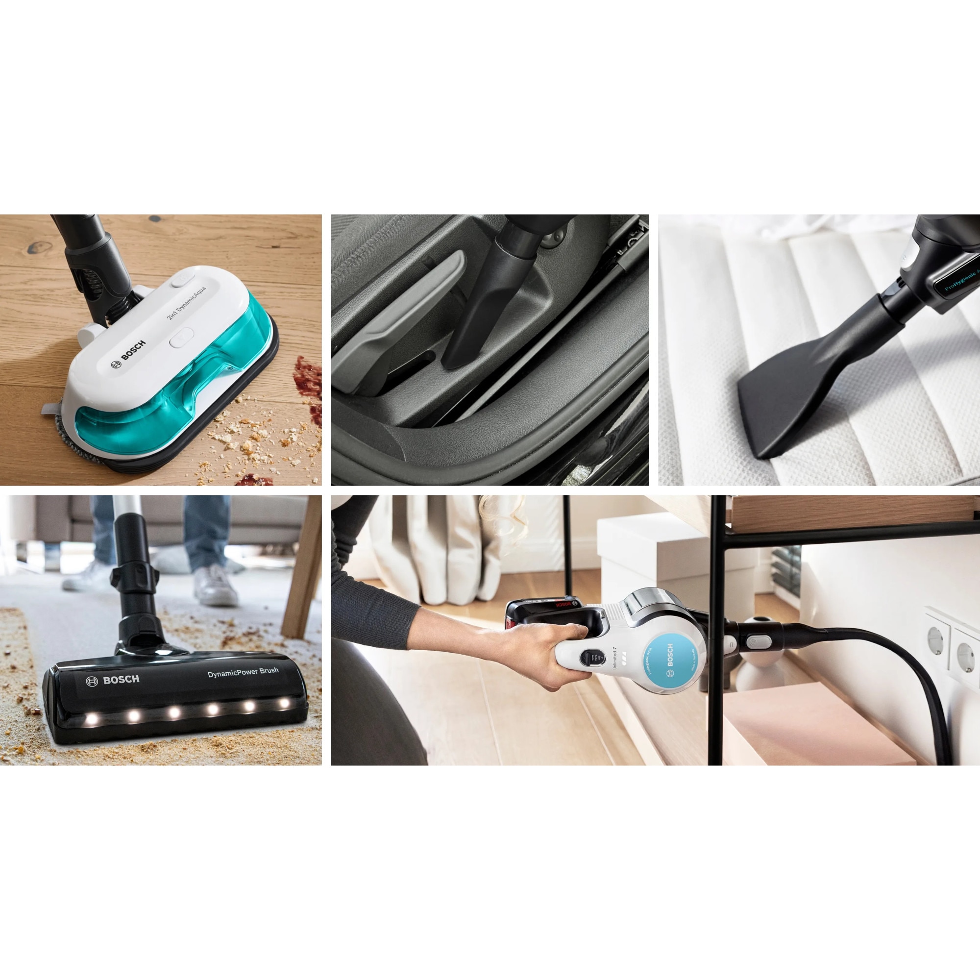 Aspirator vertical Bosch Unlimited 7 ProHygienic Aqua BCS71HYG2, baterie 3 Ah, 3 trepte de putere, Perie AllFloor DynamicPower cu LED-uri, 2 in1 DynamicAqua Mop: asipiri si stergi in acelasi timp, Automated Water Dosage, Alb