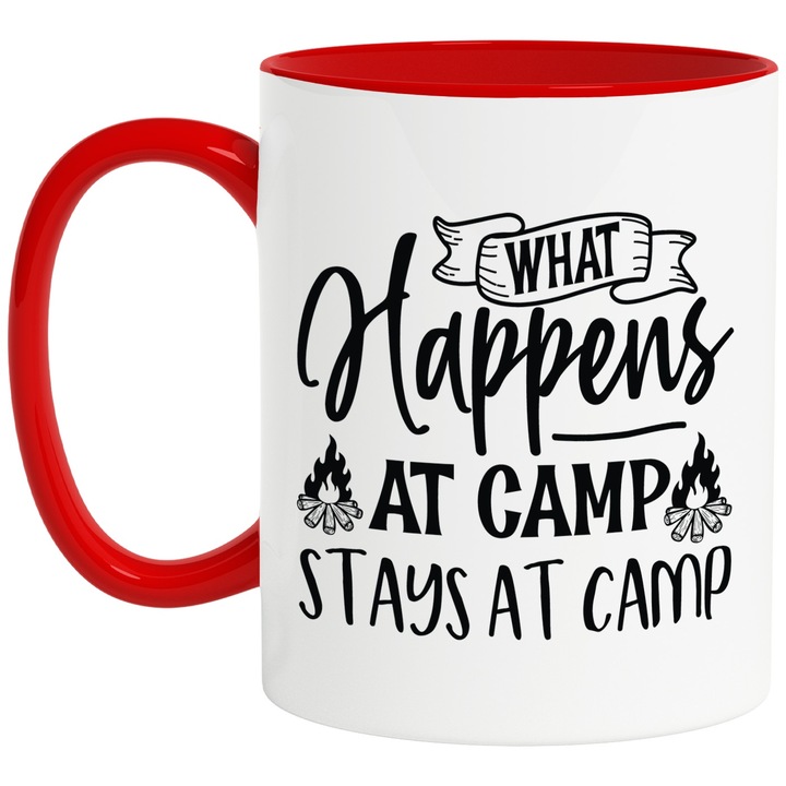 Cana cu focuri de tabara si mesajul "Ce se intampla in tabara ramane in tabara" cu Maner Rosu