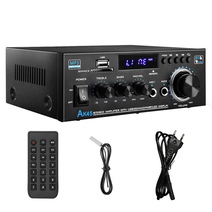 Аудио усилвател с дистанционно управление, 350W x 2, FM функция, 2 канала, поддръжка на USB/SD/AUX вход, Bluetooth 5.0, Plug and Play, OUYLAF, черен