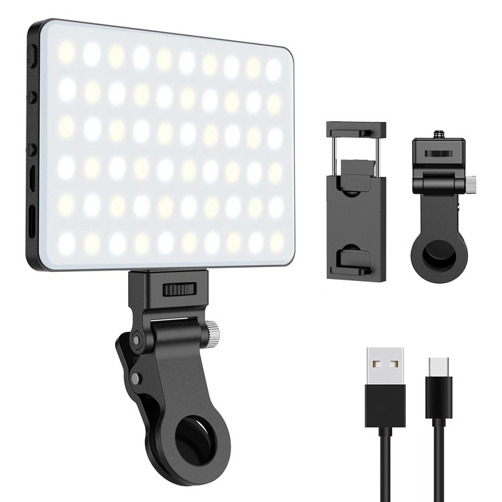 Lampa Led Portabila, Selfie Light pentru Poze sau Video, 3 Moduri de Iluminare, 10 trepte de lumina, cu 60 Leduri, 2000mAh, suport si clema pentru telefon sau laptop, OUYLAF, Alb