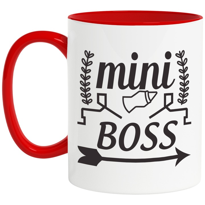 Cana cu textul "Mini boss" - minisef bebelus copilarie biberon cu Maner Rosu