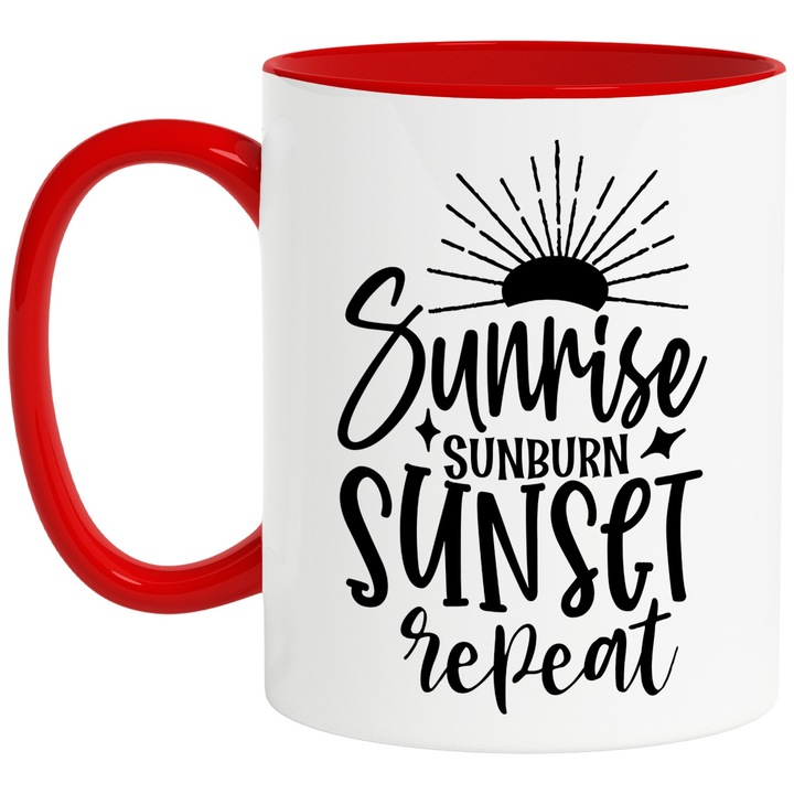 Bögre angol „Sunrise, sunburn, sunset, repeat” szöveggel – sunrise sunburn naplemente ismétlés piros fogantyúval