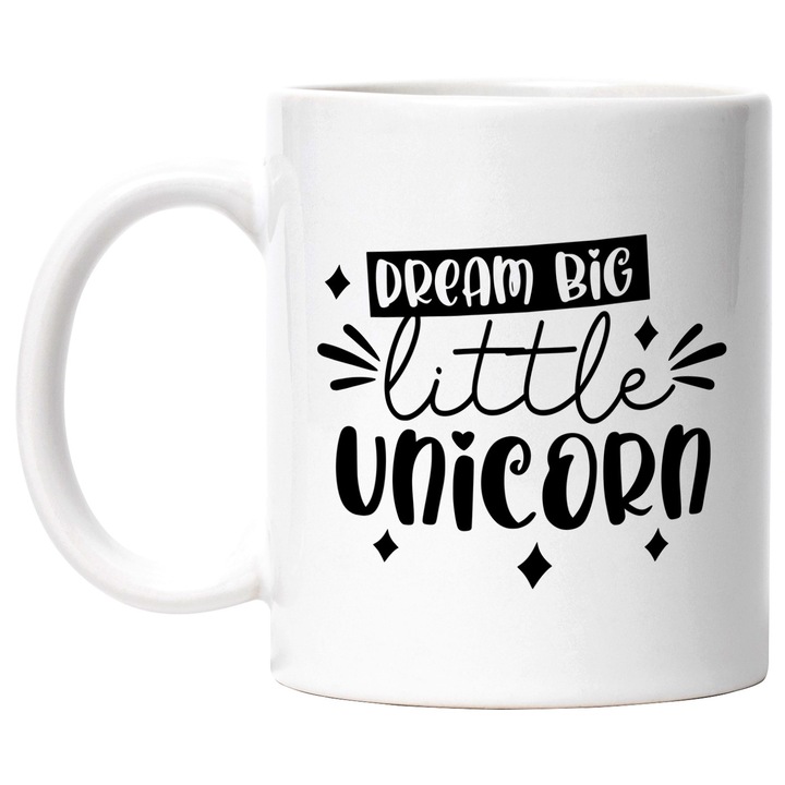Bögre angol „Dream big, little unicorn” felirattal – álmodj nagyokat, kis unikornis fehér fogantyúval