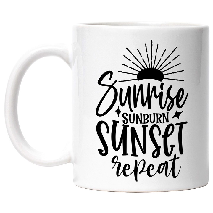 Bögre angol nyelvű "Sunrise, sunburn, sunset, ismétlés" szöveggel - sunrise sunburn naplemente ismétlés fehér fogantyúval