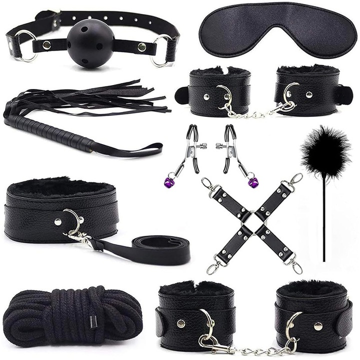 Комплект, BDSM, Chucai, 10 части, еко кожа, регулируем, черен