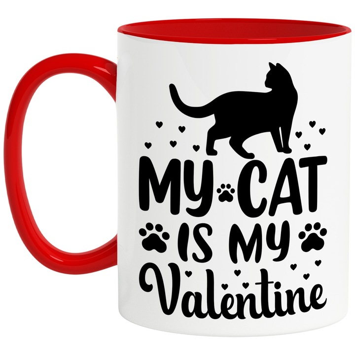 Cana cu inimioare si labute pentru iubitorii de pisici cu mesajul "My cat is my Valentine" cu Maner Rosu