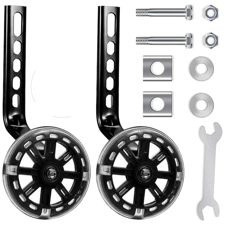 Set roti ajutatoare bicicleta pentru copii, luminoase, 11.2x2cm, negru, 12-20 inch