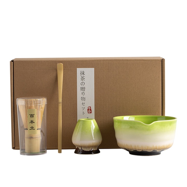 Set de ceai Matcha, bambus/ceramica, 4 piese, verde gradient