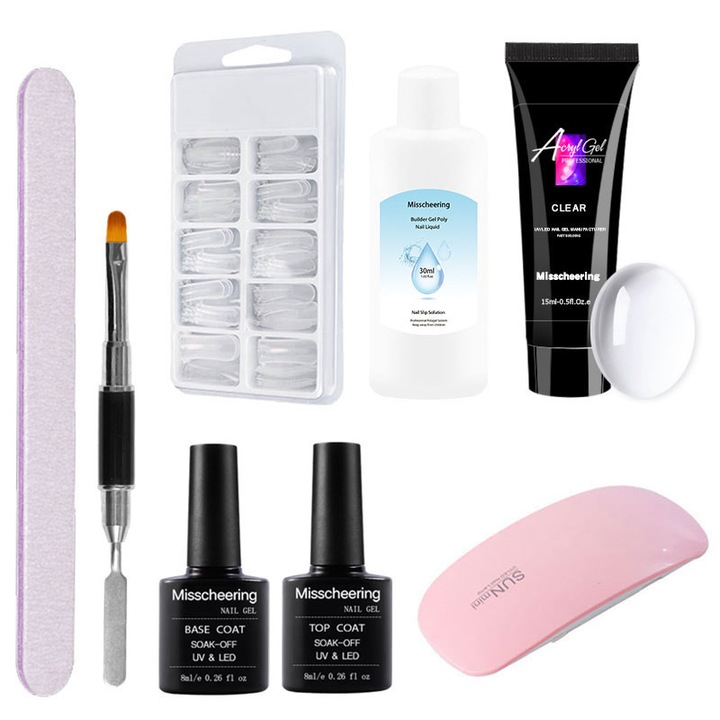 Set Unghii cu Gel, Transparent, 15ml, cu lampa UV si accesorii
