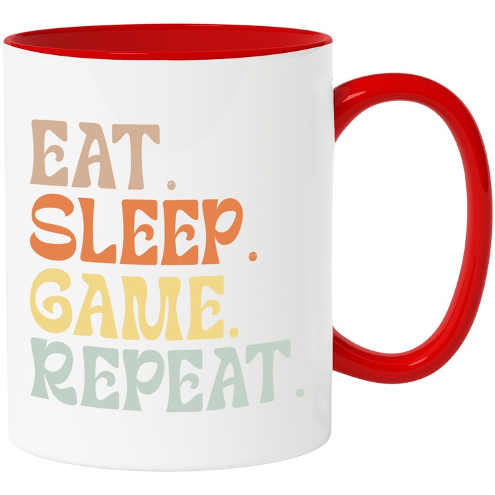 Cana cu mesajul "Eat. Sleep. Game. Repeat." - mananca dormi joaca-te repeta cu Maner Rosu