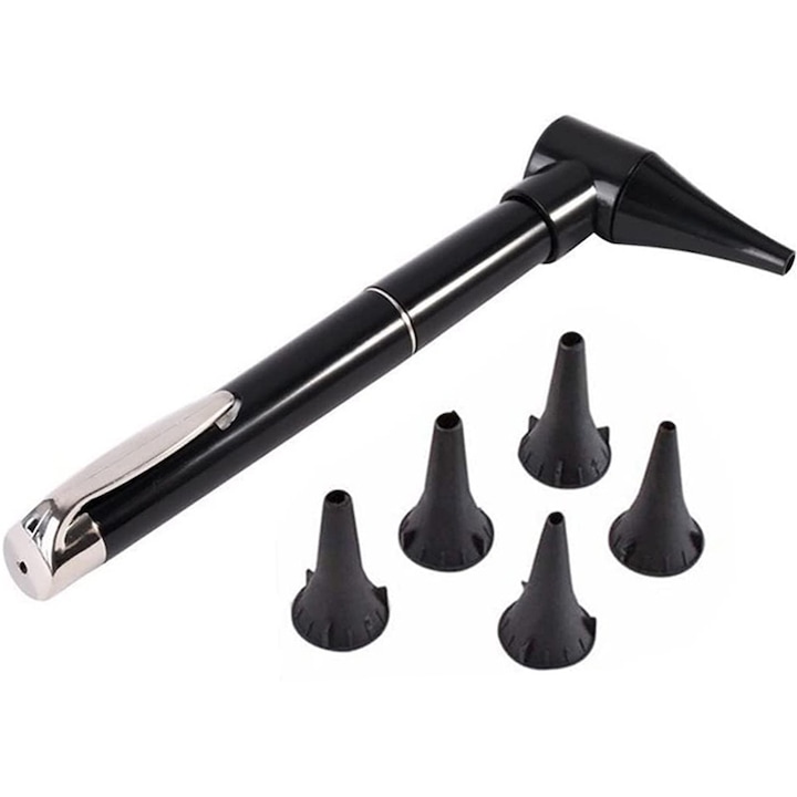 Set otoscop diagnostic Chucai, iluminare LED, 3X magnificare, 5 varfuri, portabil, Negru
