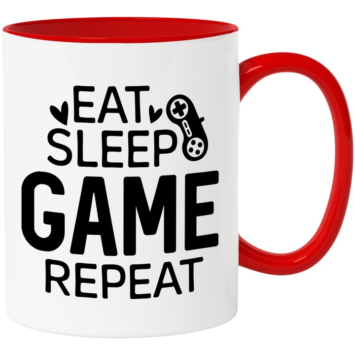 Cana cu textul "Eat sleep, game, repeat" - mananca somn, joc, repeta cu Maner Rosu