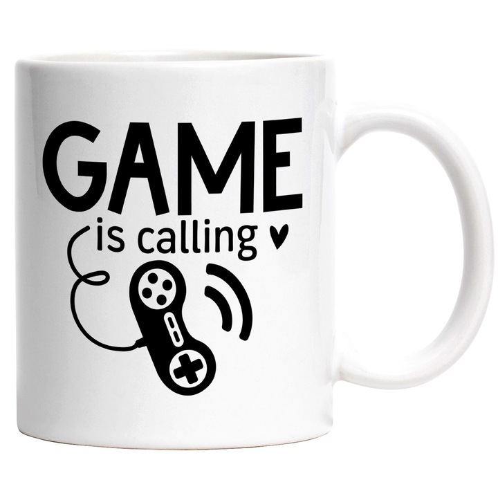 Cana cu o inimioara si un controller cu textul "Game is calling" - jocul ma cheama cu Maner Alb