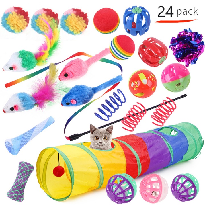Set de jucarii pentru pisica 24 de elemente, Hggzeg, Tub pliabil pentru tunel de joaca, Bagheta din pene, Multifunctionala, Interactivitate, Mentine Atentia Pisicilor, multicolor, Materiale de calitate plastice, Metal