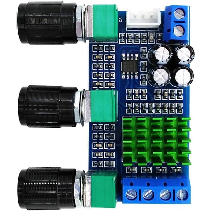 Placa de amplificare audio, Hggzeg, Digital, Model XH-M567，DC 12-24V, 80Wx2, Microcip TPA3116D2, Reglarea basului acut, Canalul dublu, Protectie scurtcircuit si supraincalzire, Plastic, 6x3.2x1.4cm, Multicolor