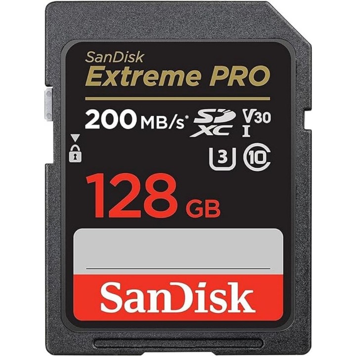 Card de memorie, SanDisk, 128 GB Extreme PRO SDXC UHS-I, C10, U3, V30, 4K UHD, card SD