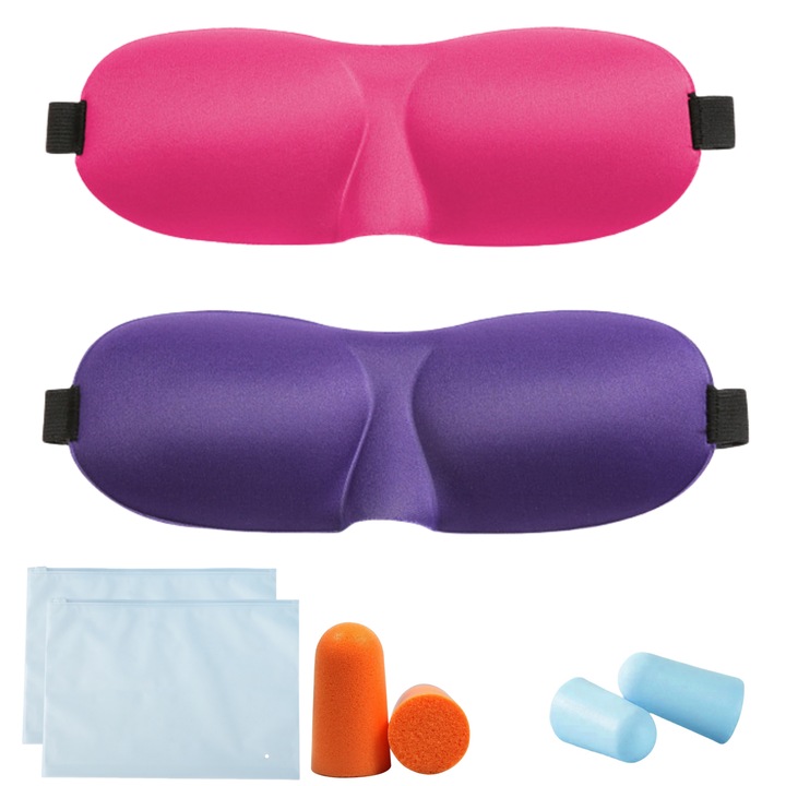 Комплект от 2 маски за сън, 3D дизайн без натиск на очите, регулируема, напълно блокира светлината, с включени 2 комплекта тапи за уши, enkourakoko®, за спокоен сън, лилаво/червено