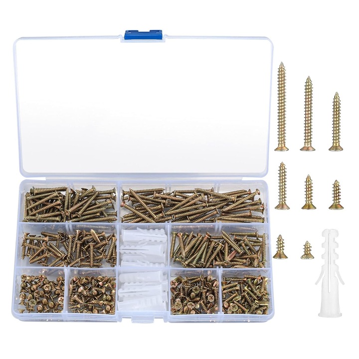 Set 420 Suruburi lemn pentru dulgherie, Darklove, M3, Cap inecat, Cutie de depozitare transparenta, Usor de utilizat, Design ergonomic, Pentru scaune, dulapuri si paturi supraetajate, Fier, 17x10x2.3cm, Auriu