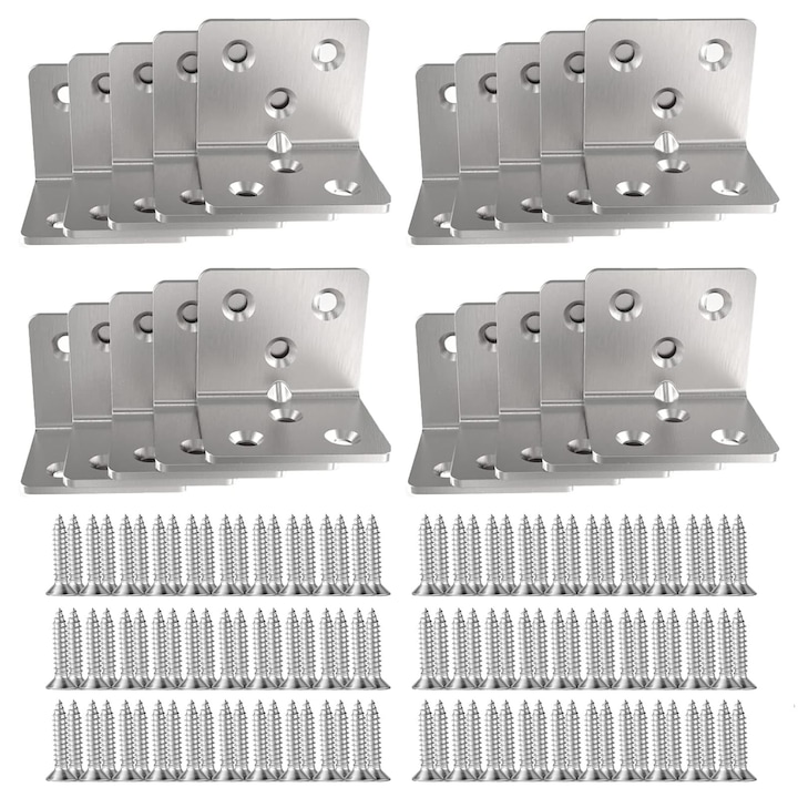 Set 20 coltar perforat pentru lemn, Darklove, Cu suruburi, 6 gauri, 90 grade, Usor de instalat, Rezistent la coroziune, Design ergonomic, Pentru scaun, masa, pat si cadru de fereastra, Otel inoxidabil, 26x26x36mm, Argintiu
