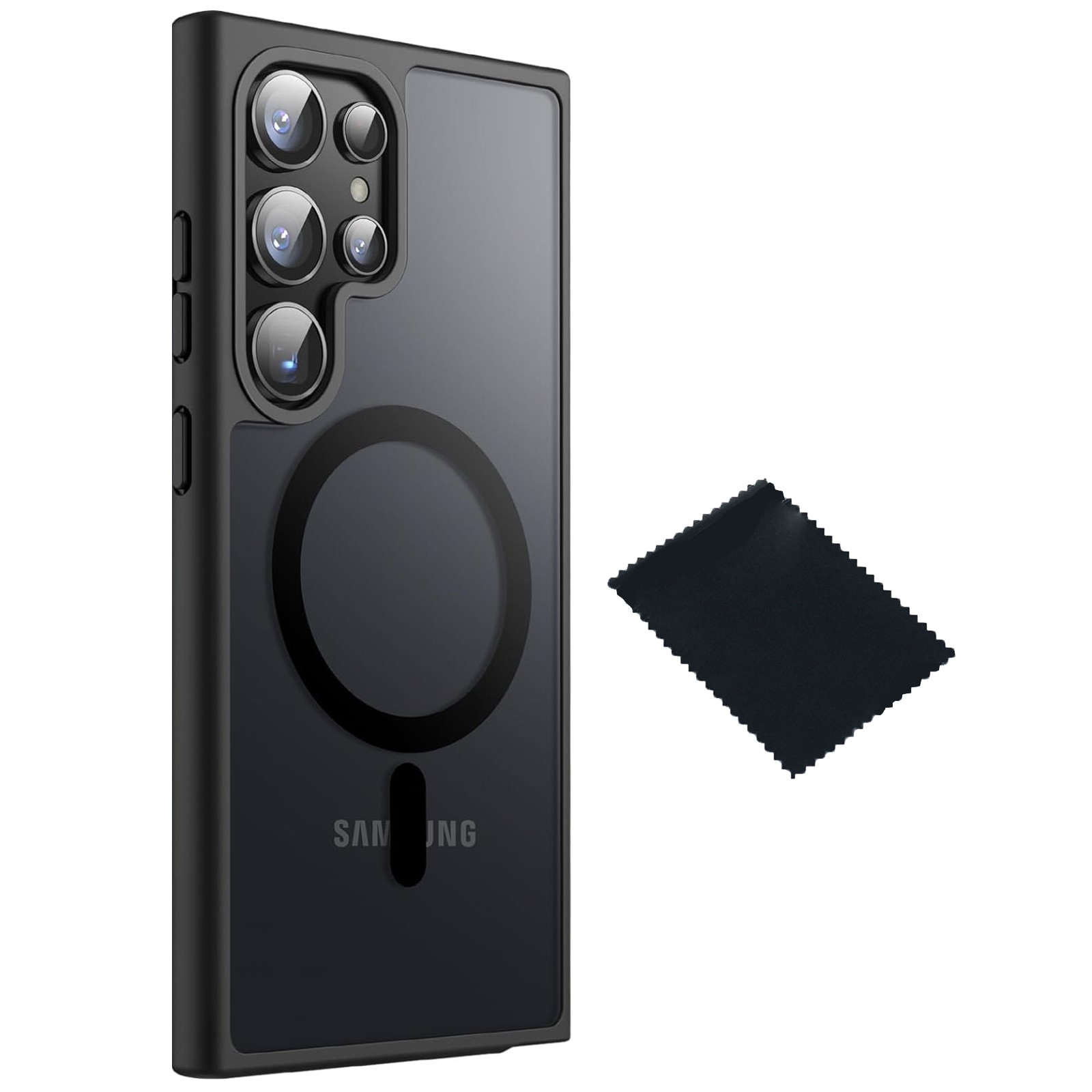 Husa de protectie pentru Samsung Galaxy S23 ULTRA, SINBINTA, Cu laveta, Airbag incorporat, Rezistent la cadere, Antisoc, Anti alunecare, Usor de instalat, Portabil, Senzatie de piele inghetata, Moale, TPU/PC/Magnet, Negru