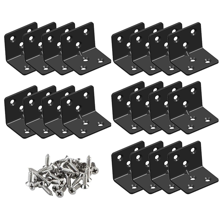 Set 20 coltar perforat pentru lemn, Darklove, Cu suruburi, 6 gauri, 90 grade, Usor de instalat, Rezistent la coroziune, Design ergonomic, Pentru scaun, masa, pat si cadru de fereastra, Fier, 26x26x36mm, Negru