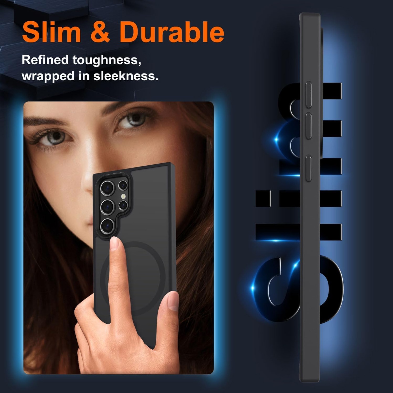 Husa de protectie pentru Samsung Galaxy S23 ULTRA, SINBINTA, Cu laveta, Airbag incorporat, Rezistent la cadere, Antisoc, Anti alunecare, Usor de instalat, Portabil, Senzatie de piele inghetata, Moale, TPU/PC/Magnet, Negru