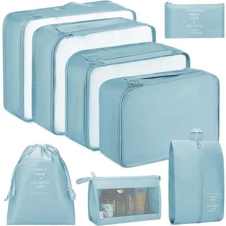 Комплект от 8 калъфа за органайзер за пътнически багаж, Lecheng®, водоустойчив, преносим и сгъваем, идеален за семейни ваканции, пътувания, къмпинг, син